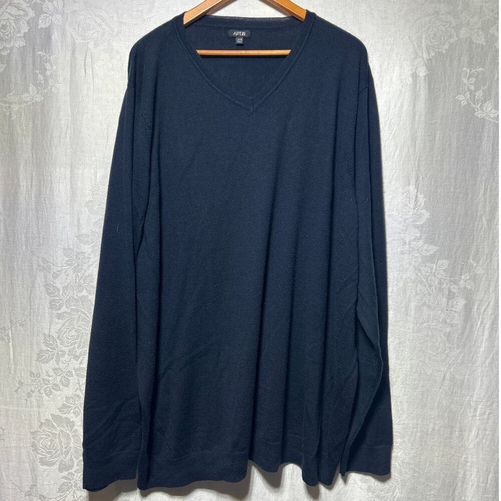 Apt 9 Sweater 4XB Navy Blue Merino Wool Blend V Neck Classic